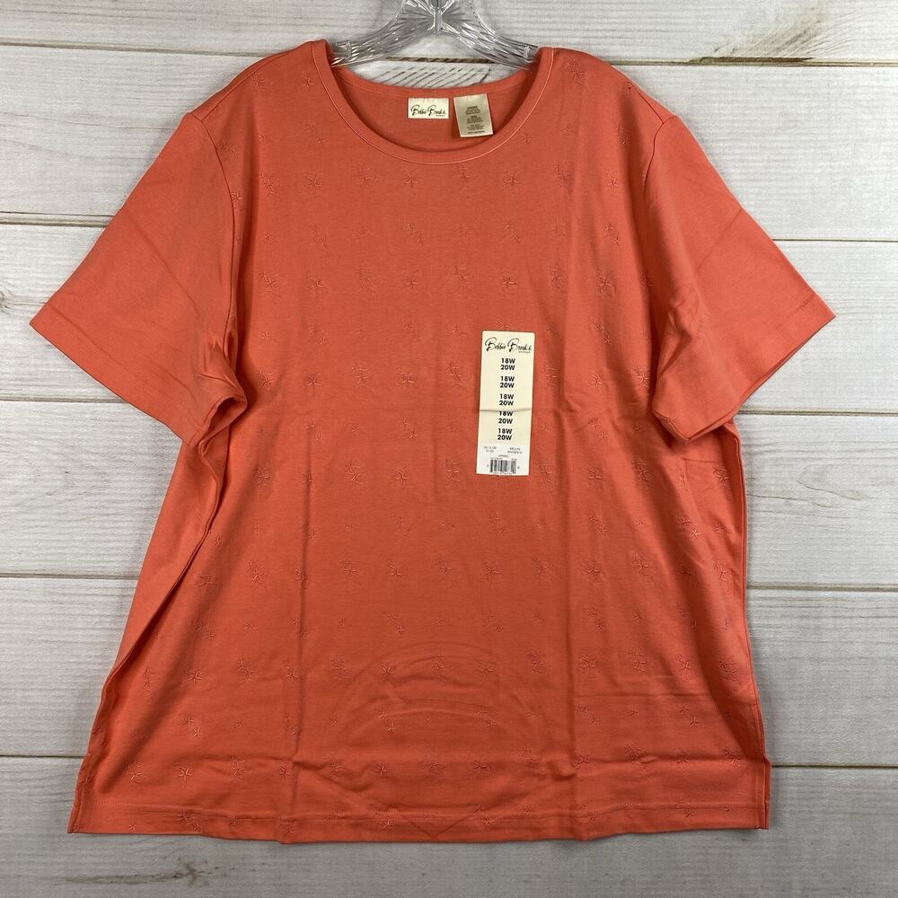 Bobbie Brooks Top Womens 18W 20W Coral Embroidered Tee Shirt Stretch Comfy NWT